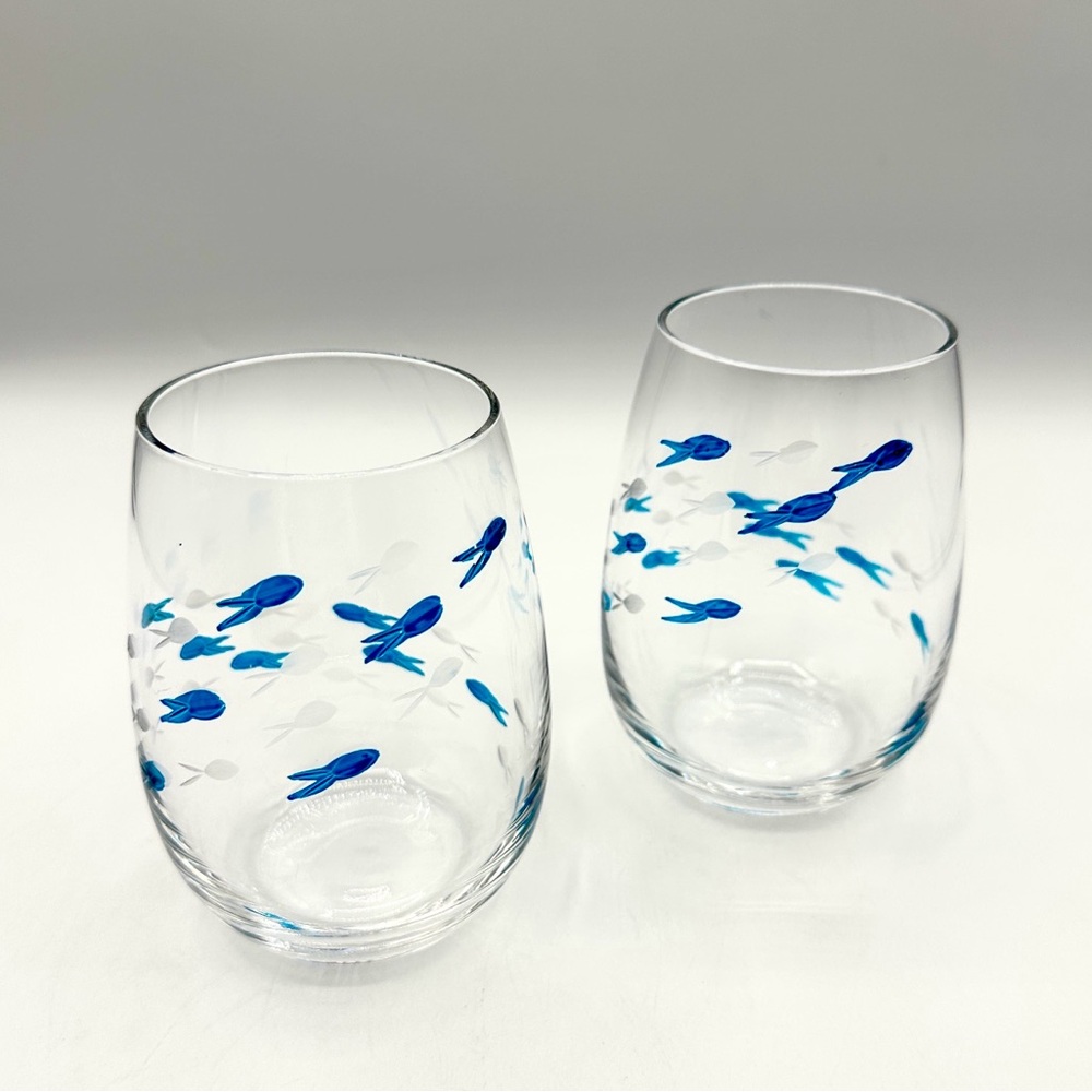 2 “like Rolf’s” Stemless Cocktail Glasses with Blue Fish
